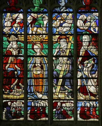 Window depicting the Coronation of the Virgin with St Paul and the families of donors by French School